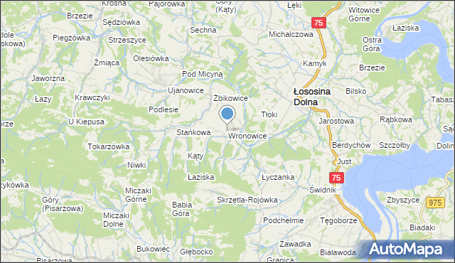 mapa Wronowice, Wronowice gmina Łososina Dolna na mapie Targeo